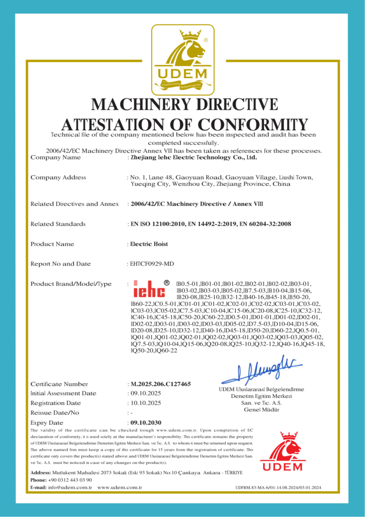 Electric Hoist CE Certificate ZXM10882 M.2025.206.C127465 0