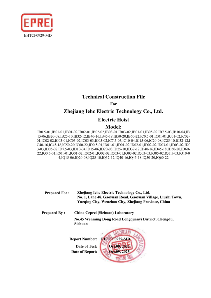 Electric Hoist Certificate Report EHTCF0929 MD1 0