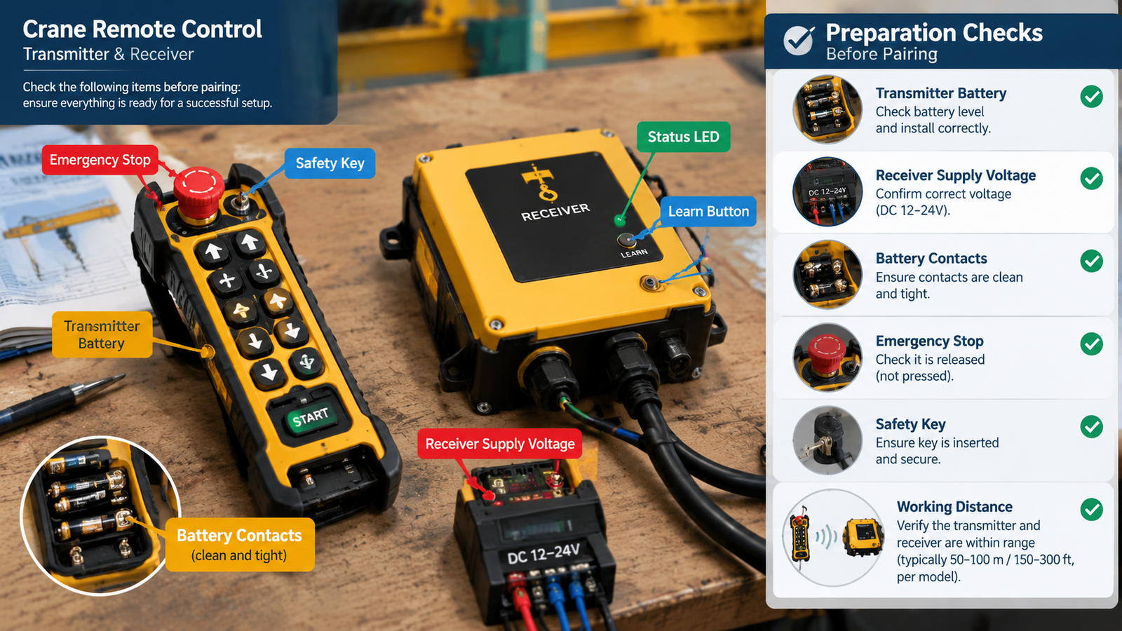 Crane remote control transmitter and receiver laid out on a workbench with the learn button and status LED positions marked
