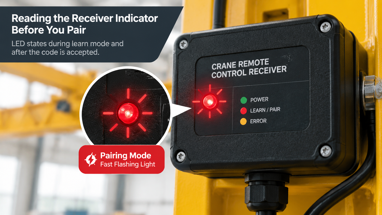 Close-up of a crane remote control receiver status LED indicating pairing mode with a fast flashing light