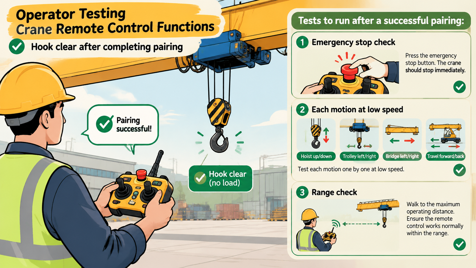 Operator testing crane remote control functions with the hook clear after completing pairing