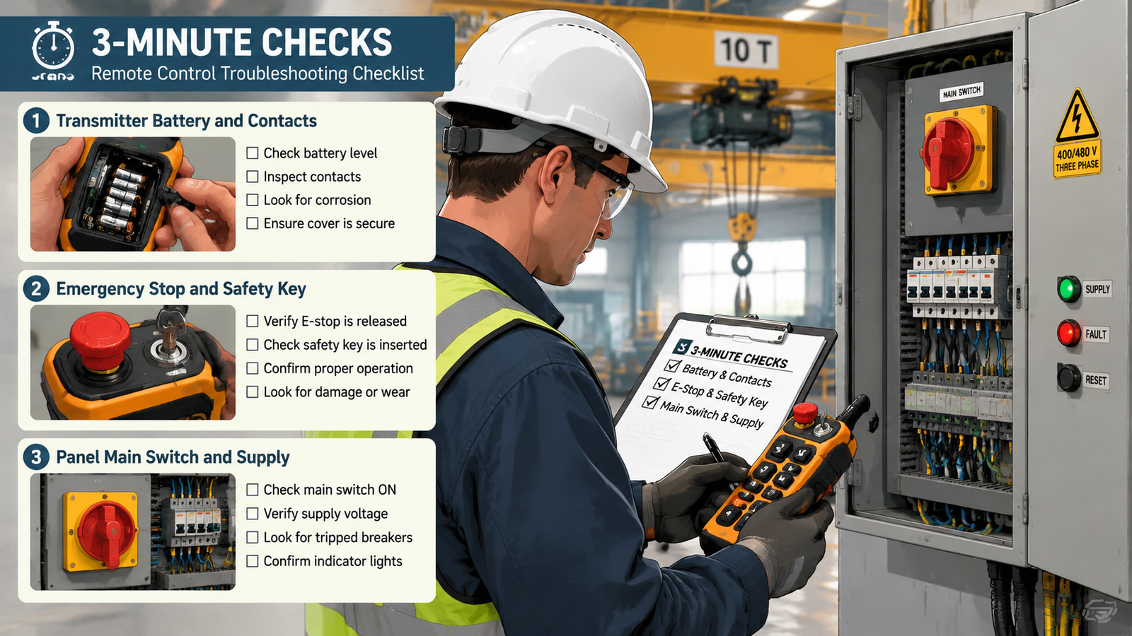 Technician working through a crane remote control troubleshooting checklist beside an overhead crane control panel