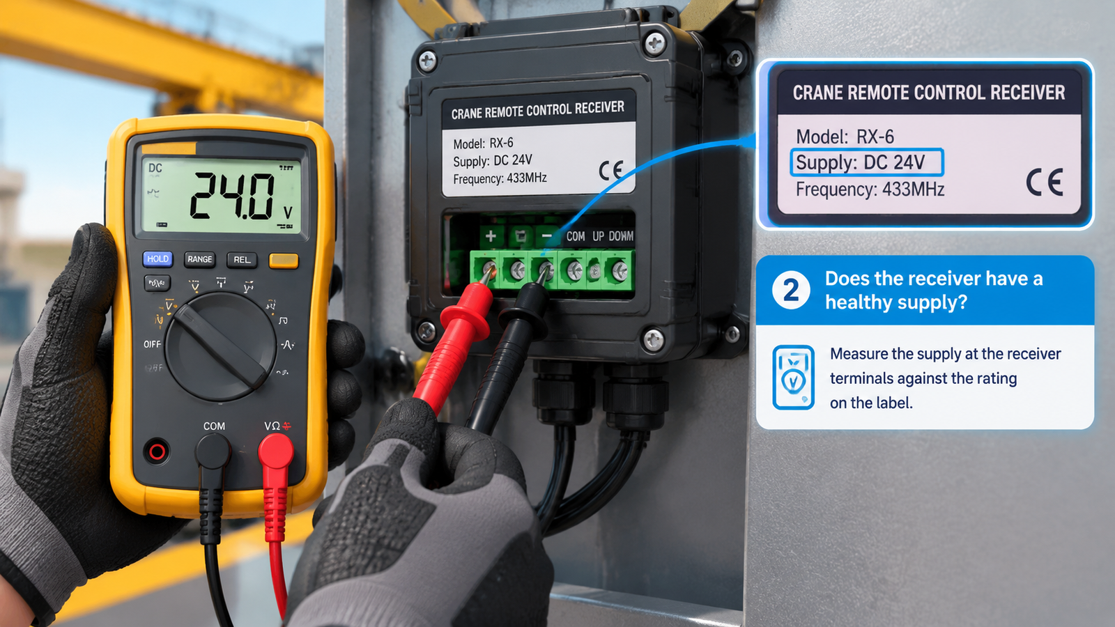 Multimeter measuring receiver supply voltage at the terminals of a crane remote control receiver