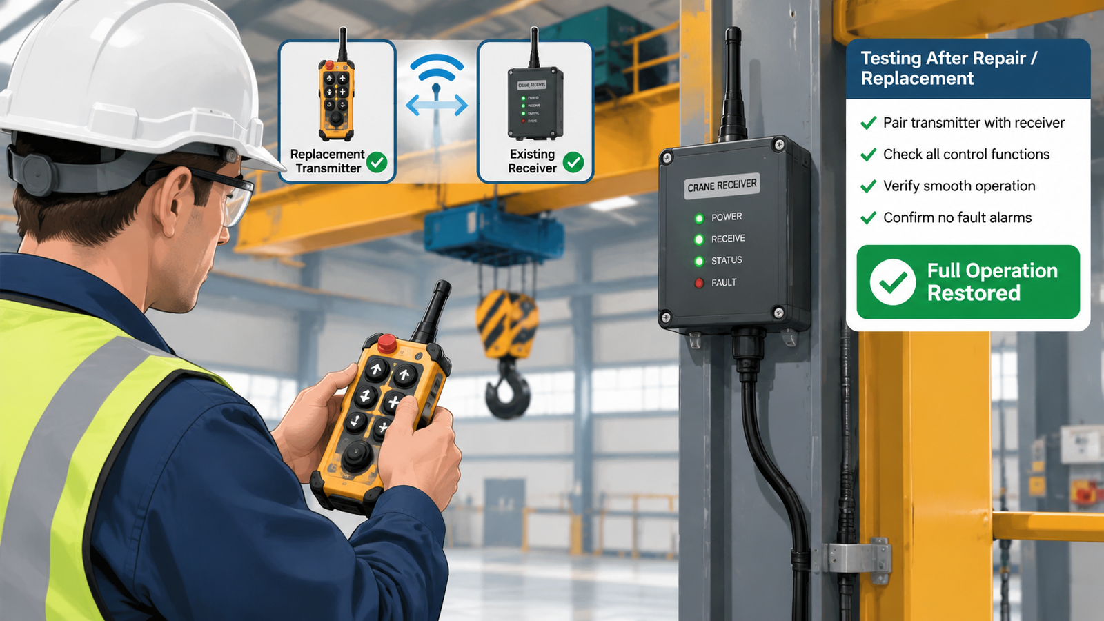 Technician testing a crane remote control transmitter against a receiver after completing repair or replacement