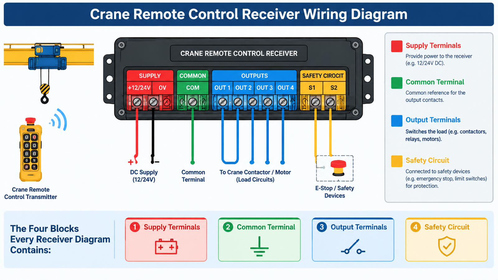 Crane remote control receiver wiring diagram showing supply terminals, common terminal and output terminals clearly labelled