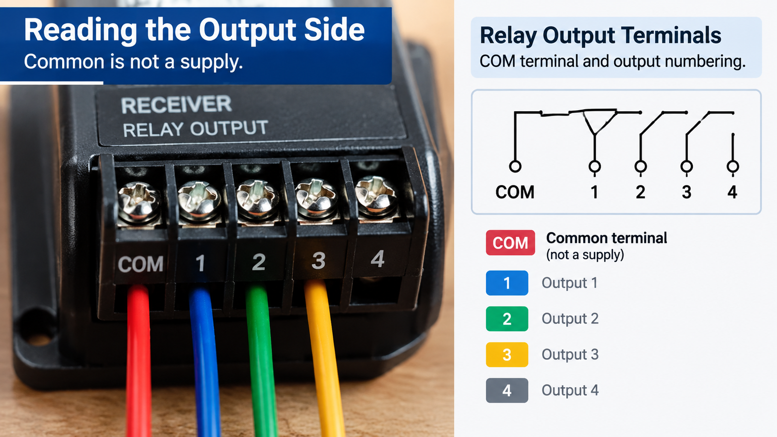 Close-up of receiver relay output terminals with a wiring diagram legend showing COM and output numbering