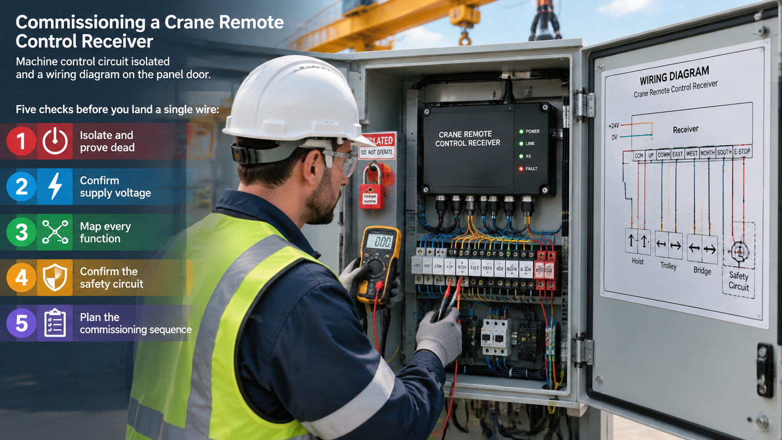Engineer commissioning a crane remote control receiver with the machine control circuit isolated and a wiring diagram on the panel door