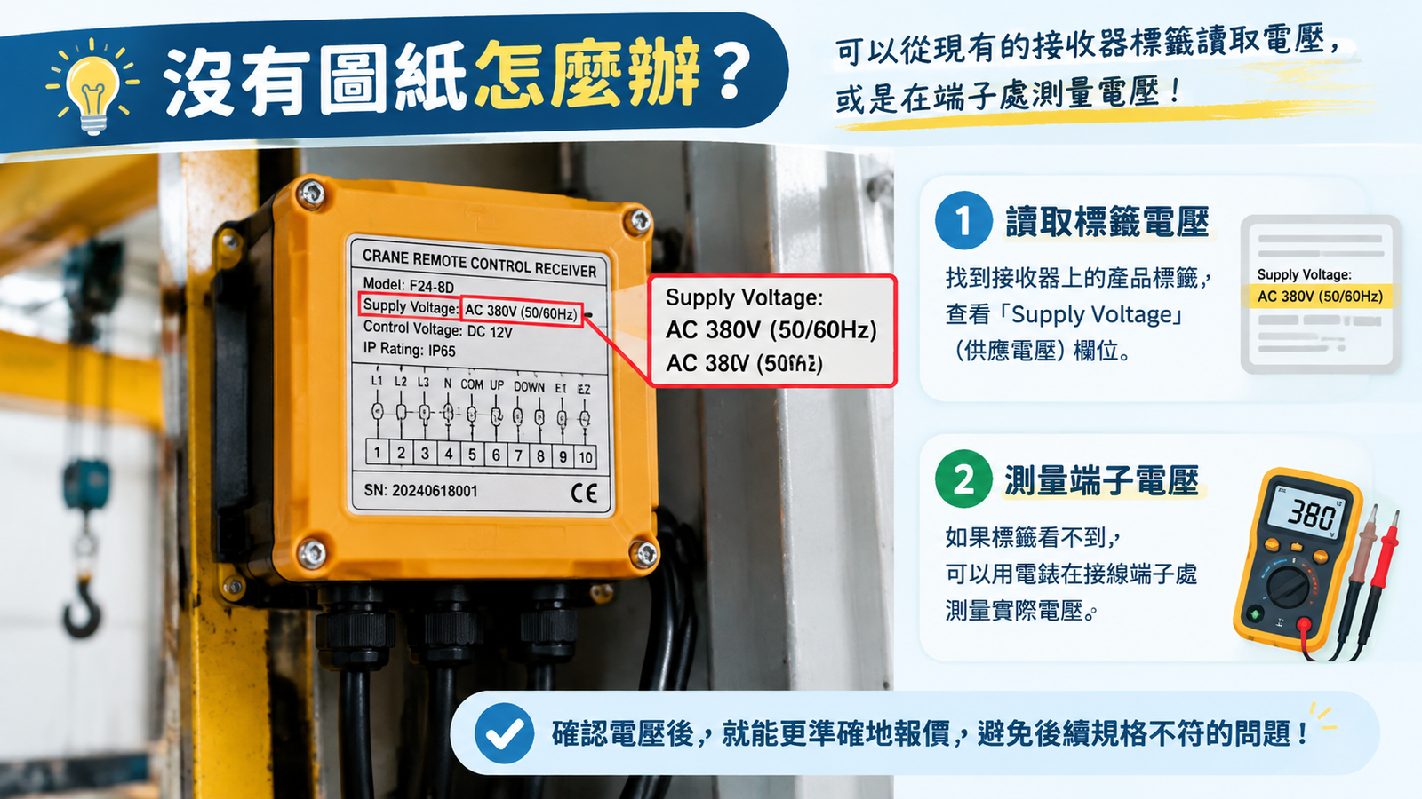 Nameplate on a crane remote control receiver photographed to confirm the supply voltage for a quotation