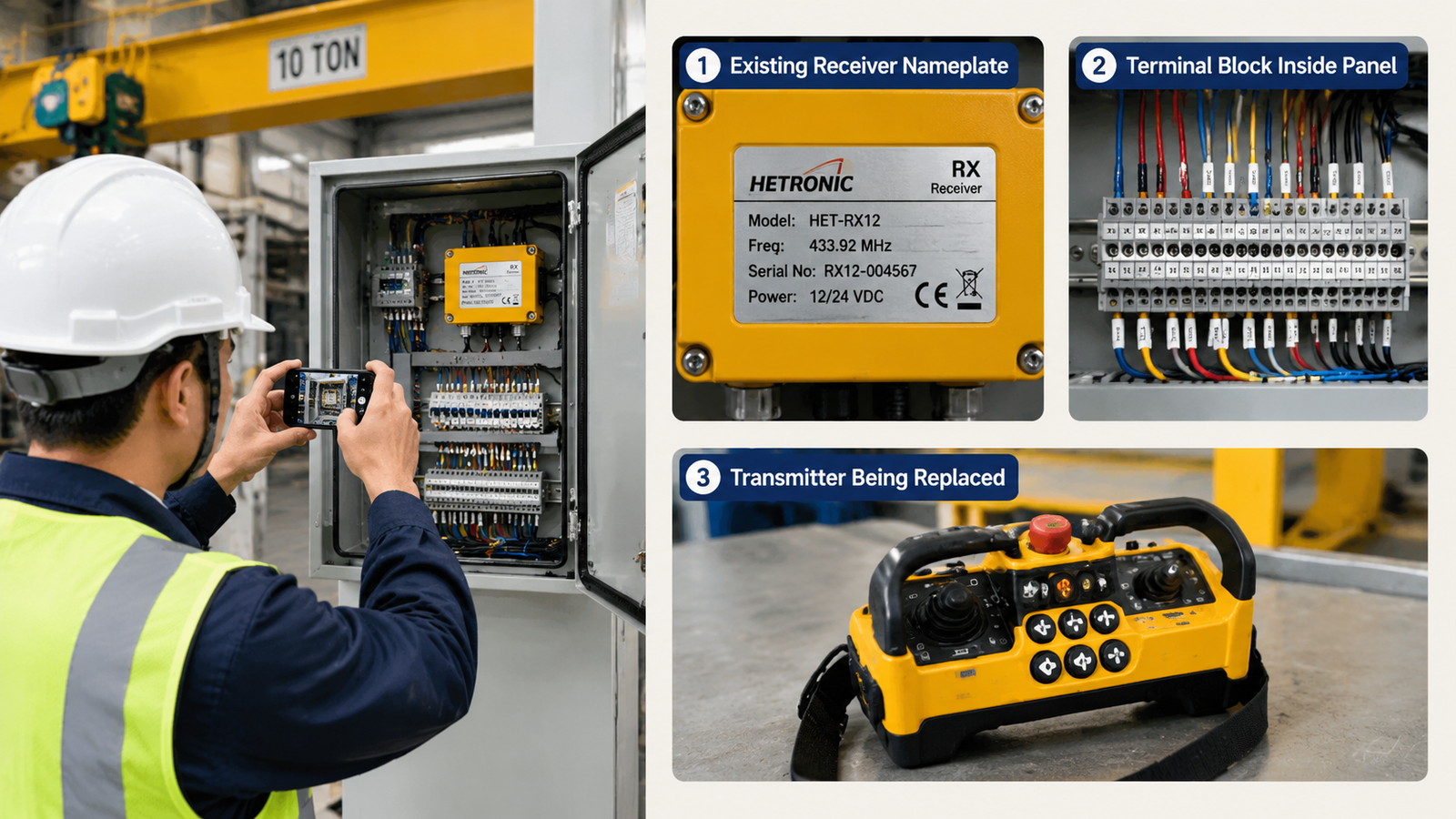 Engineer photographing a crane control panel terminal block to include with a remote control quotation request