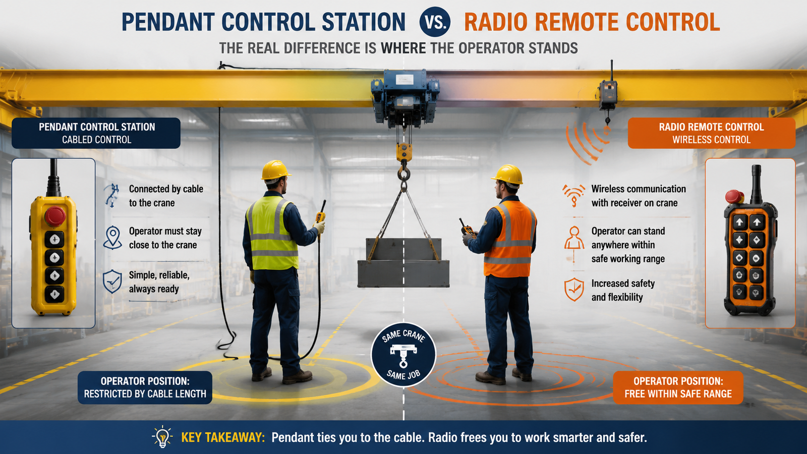 Suspended pendant control station and a handheld radio remote control transmitter compared side by side on a crane