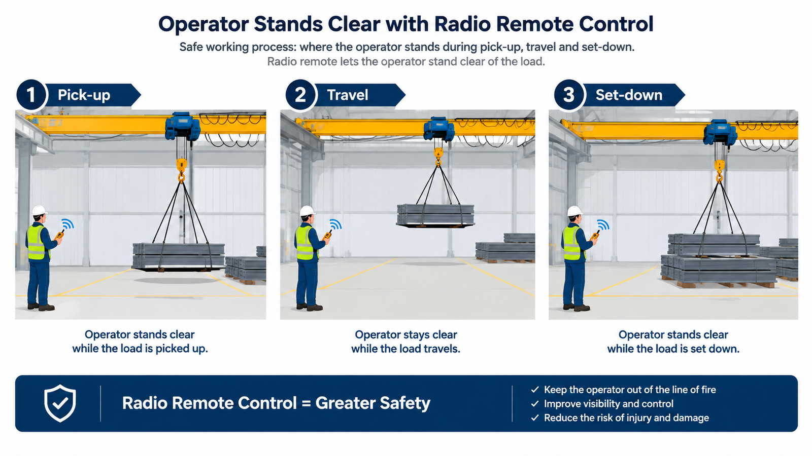 Operator using a radio remote control transmitter while standing clear of a suspended load on an overhead crane