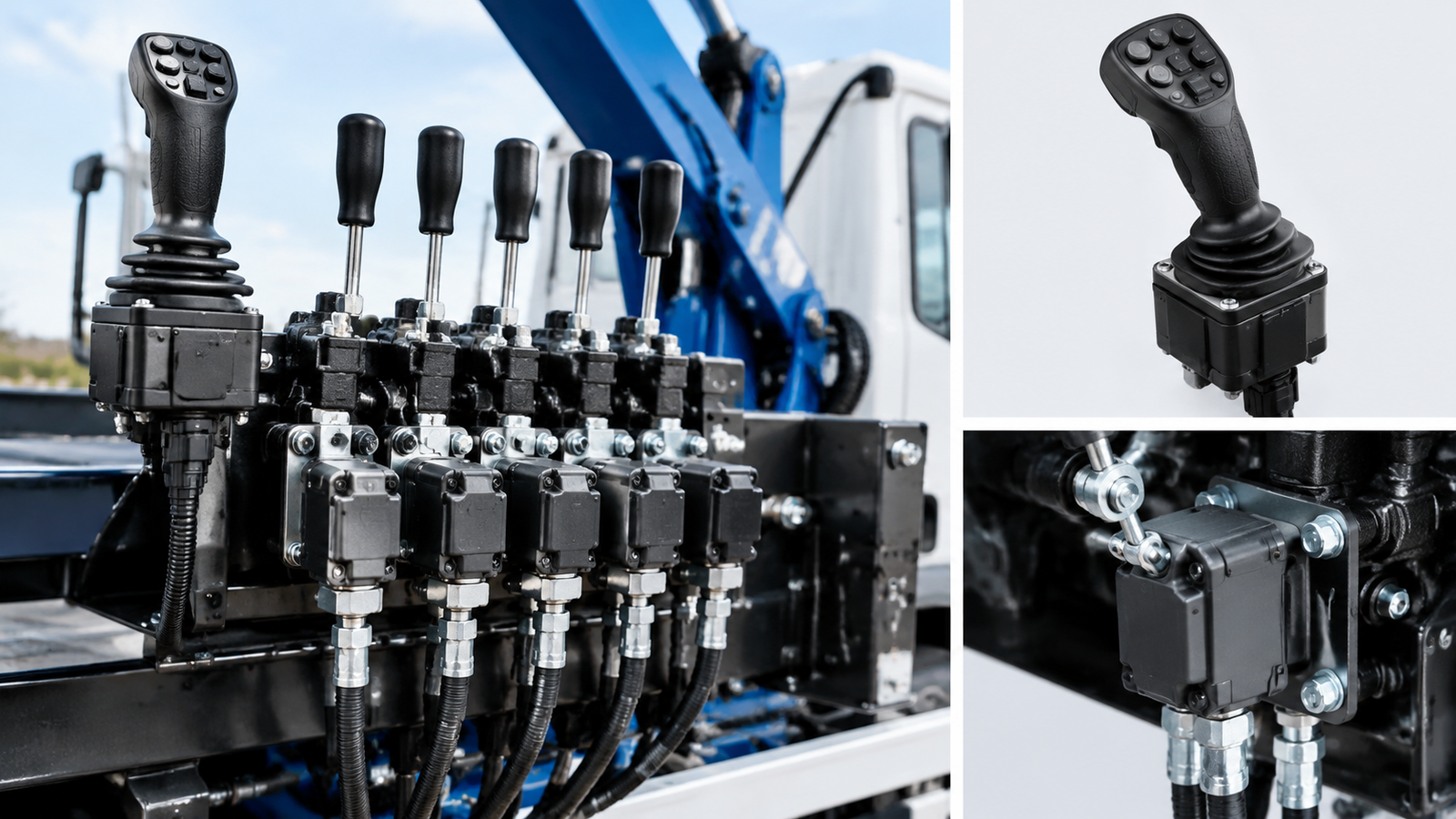 Proportional joystick transmitter and bolt-on hydraulic actuators mounted on a lorry crane lever bank