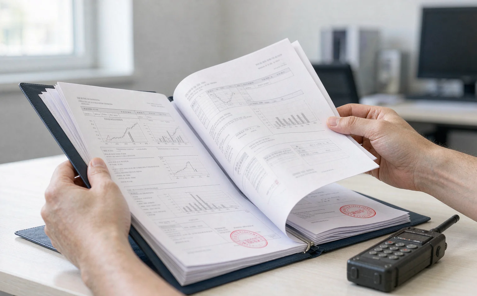 Compliance document folder open on a desk showing a declaration of conformity, a test report and an industrial radio remote control transmitter with its model label