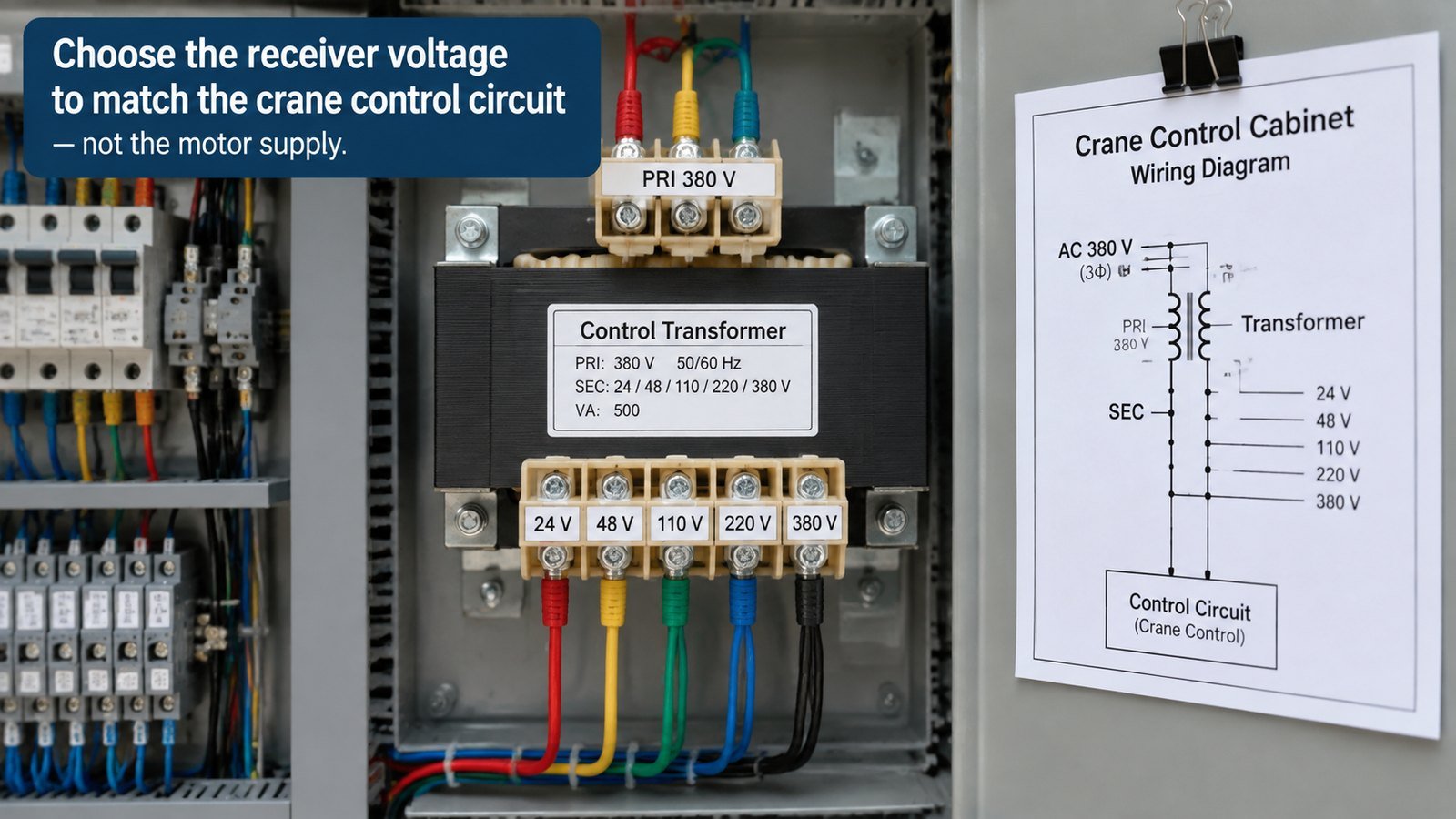 Crane control cabinet control transformer with secondary taps for 24 V, 48 V, 110 V, 220 V and 380 V control circuits