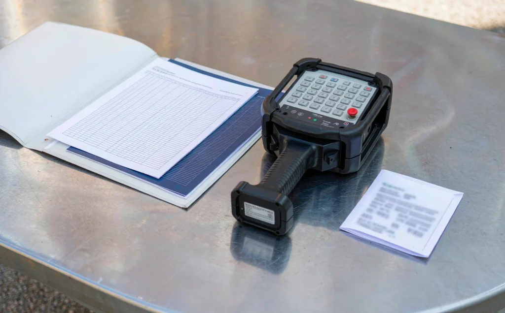 Compliance folder with a declaration of conformity and an industrial radio remote control transmitter on a steel desk