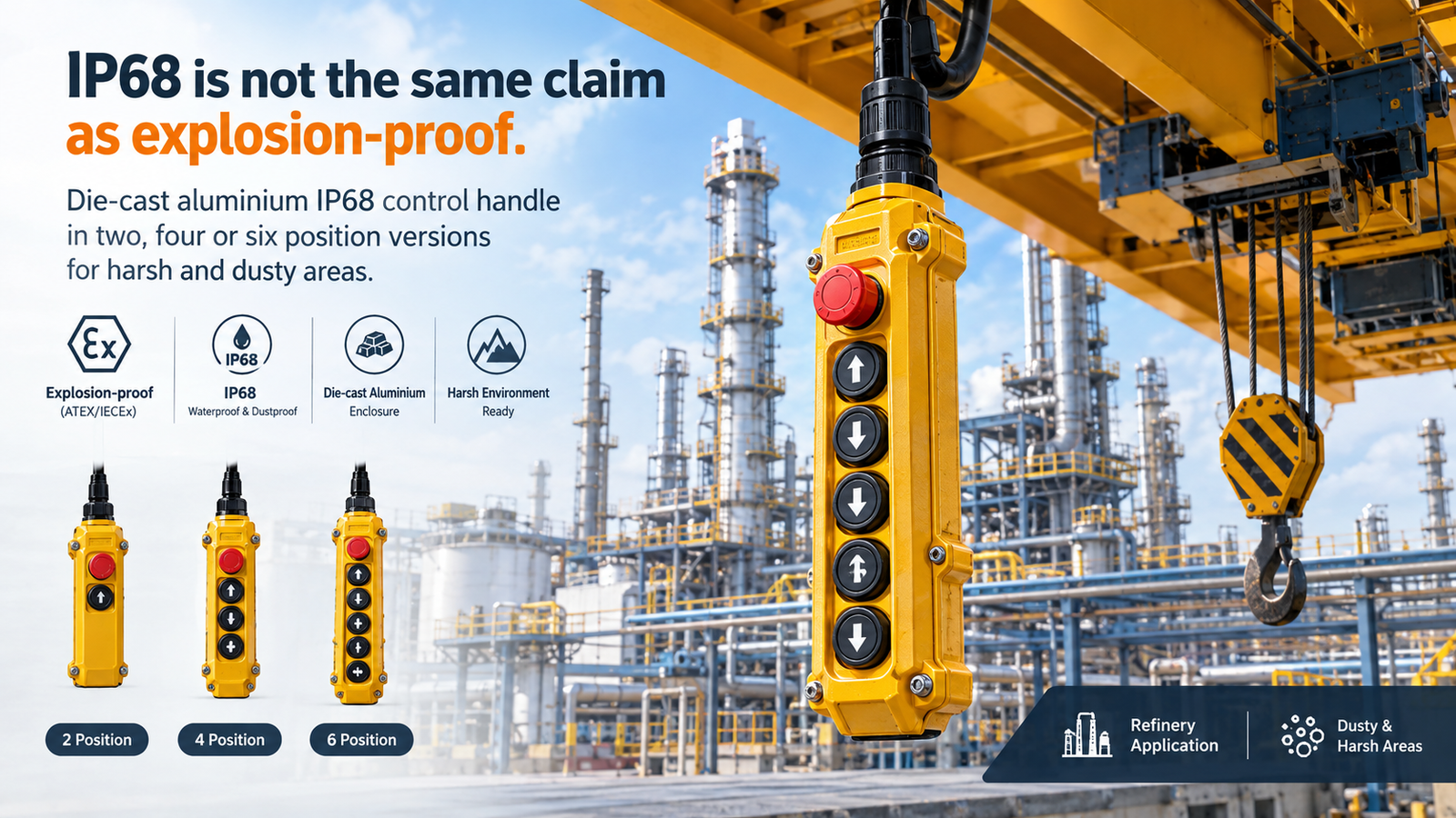 Explosion-proof crane remote control pendant with die-cast aluminium IP68 enclosure for harsh and dusty areas