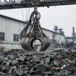 Clamshell grab bucket suspended from an overhead crane above a pile of steel scrap
