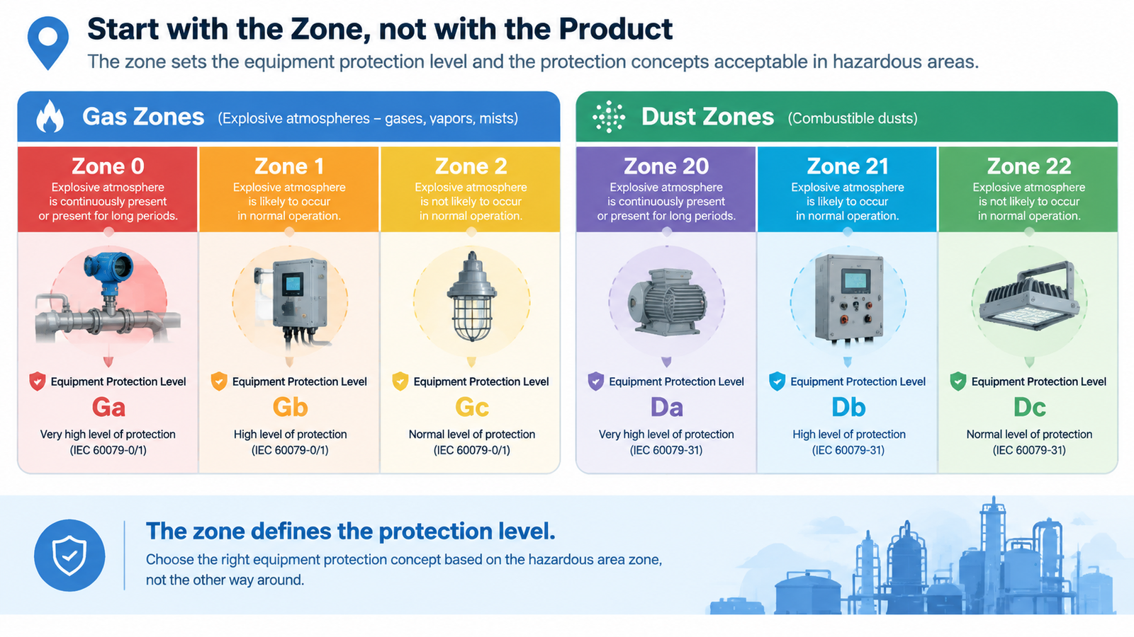 Hazardous area zones 0 1 2 and 20 21 22 mapped to equipment protection levels for explosion proof crane remote control selection