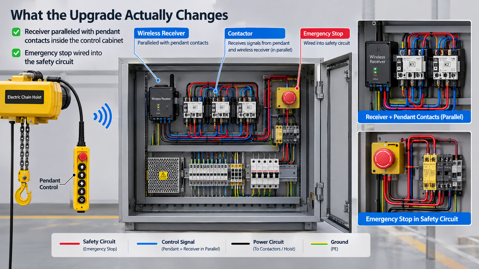 Electric chain hoist remote control receiver wired in parallel with the pendant contactors inside the control cabinet