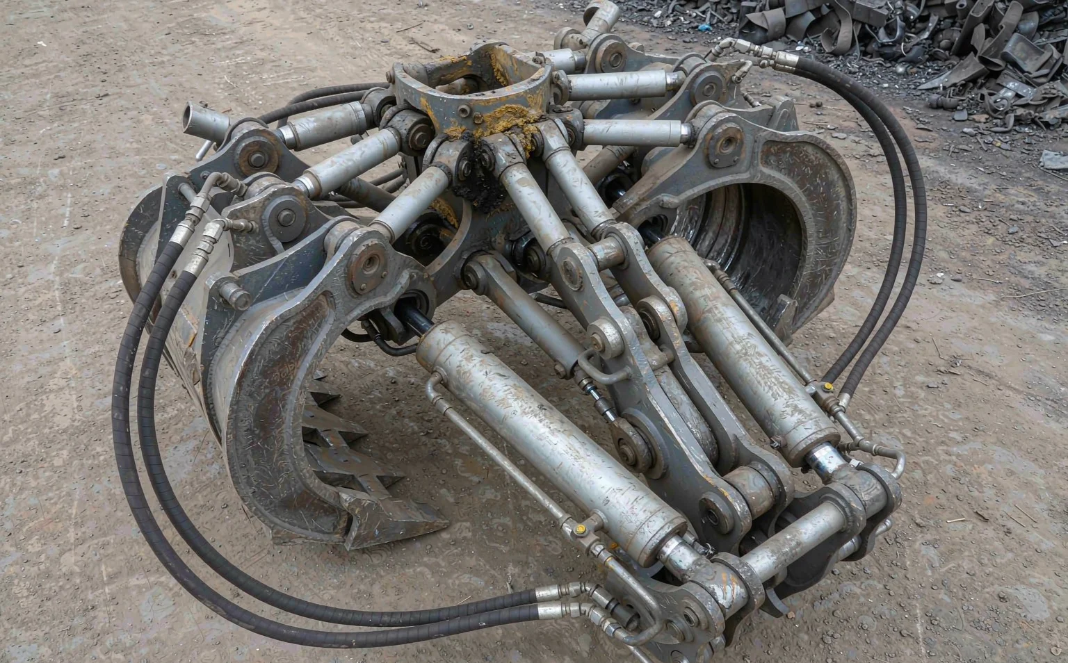 Clamshell grab bucket suspended from an overhead crane with the hydraulic hoses and open-close cylinders visible beside a scrap pile