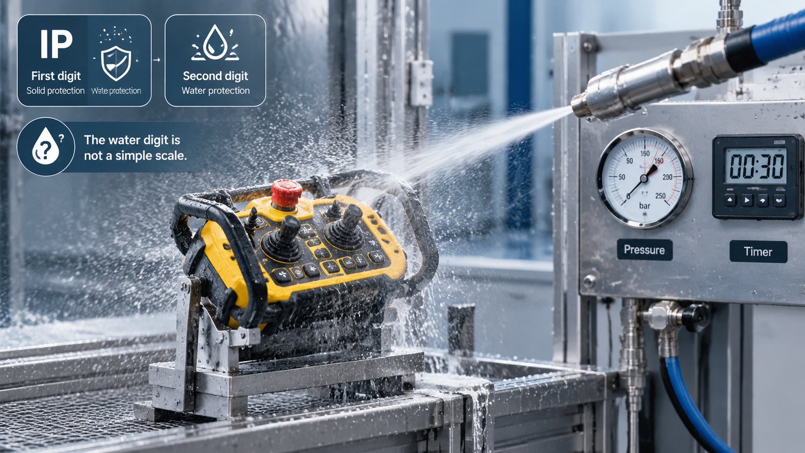 Industrial remote control transmitter undergoing a water jet ingress protection test at 100 kPa