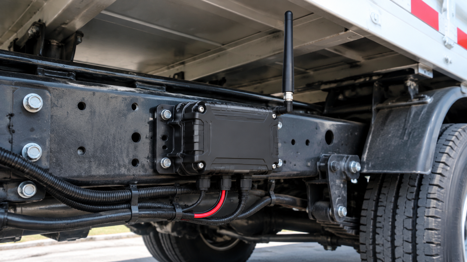 IP67 receiver mounted on a truck chassis with antenna clear of the steel body and dedicated DC supply