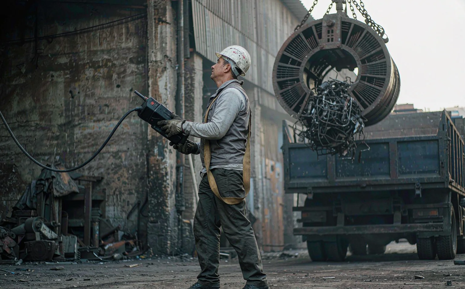 Scrap handling crane operator holding a radio remote control transmitter while a lifting magnet holds a bundle of steel scrap above a truck