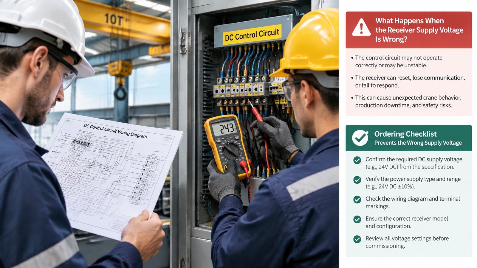 Technician measuring crane control circuit voltage with a digital multimeter at a terminal block