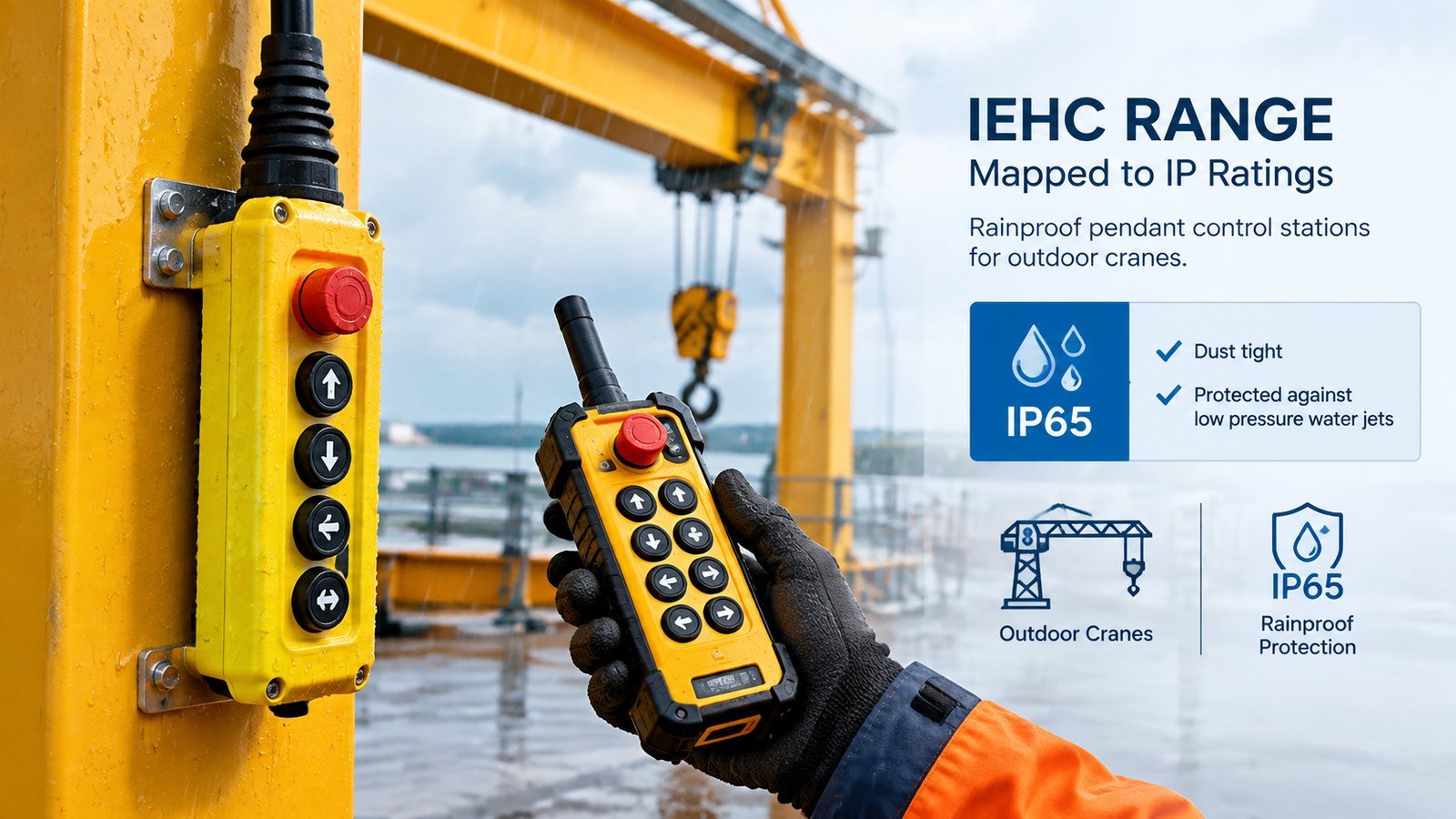 Rainproof pendant control station with cable entry boot mounted on an outdoor crane beside a wireless remote control