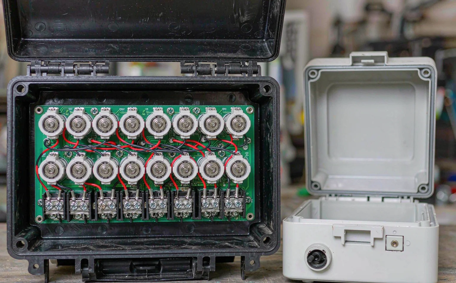 Open industrial radio remote control receiver showing relay banks and terminal blocks compared with a compact single-speed receiver beside it