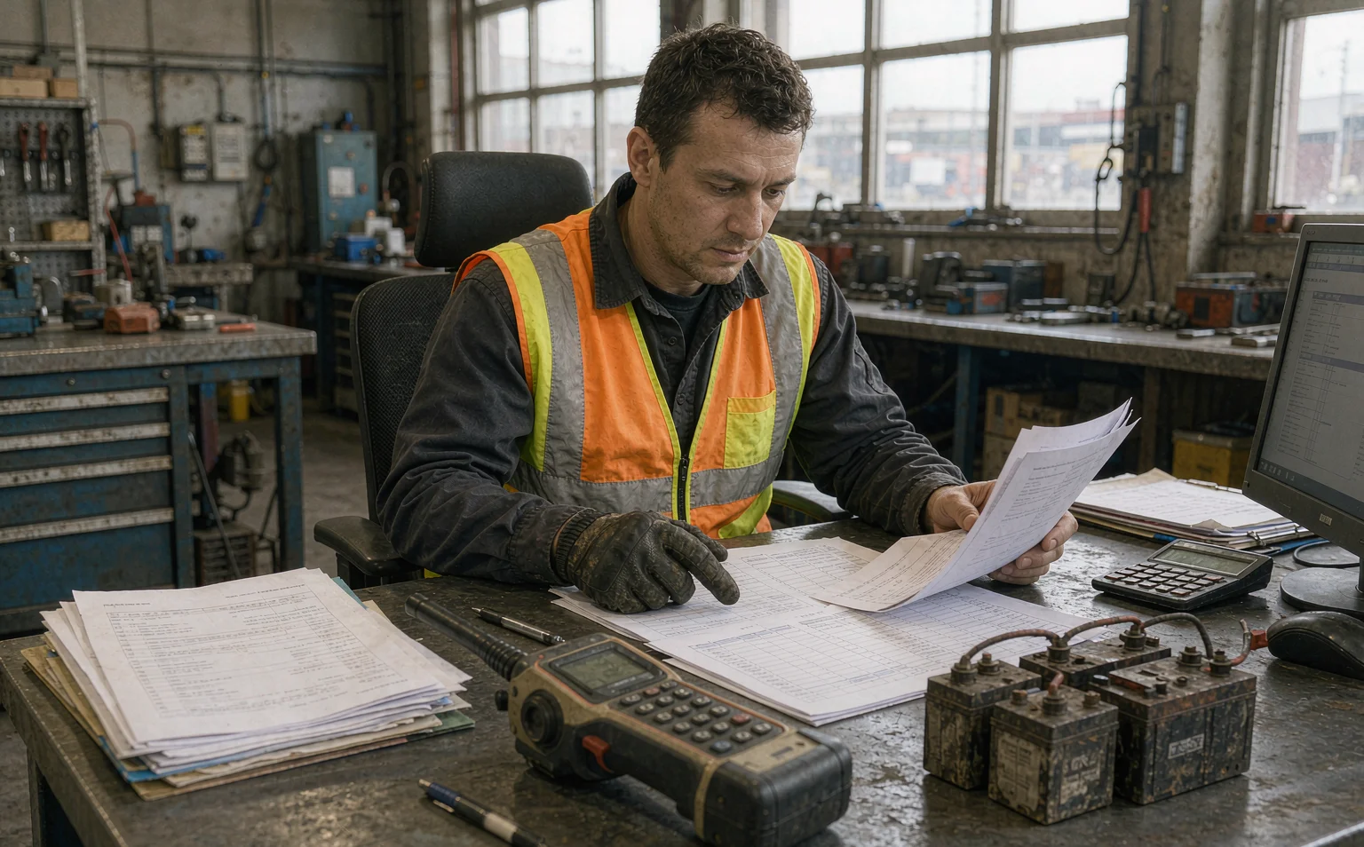 Maintenance planner comparing a purchase quote against a five-year cost sheet listing batteries, spare parts and crane downtime
