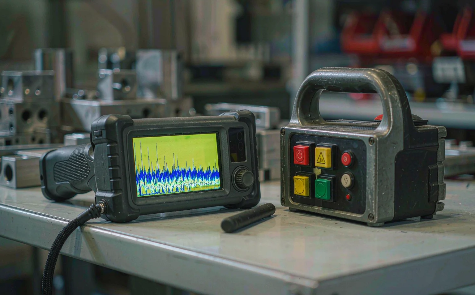 Handheld spectrum analyser screen showing a crowded 2.4 GHz band beside a quieter 433 MHz band while an industrial radio remote control transmitter rests on a workbench