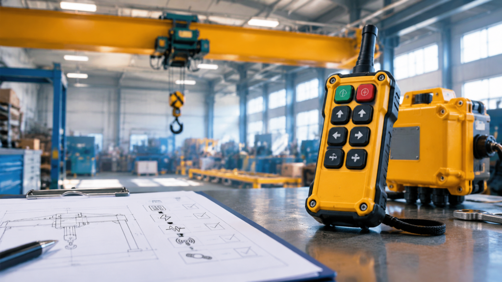 Compatible replacement crane remote control transmitter and receiver set on an industrial workbench