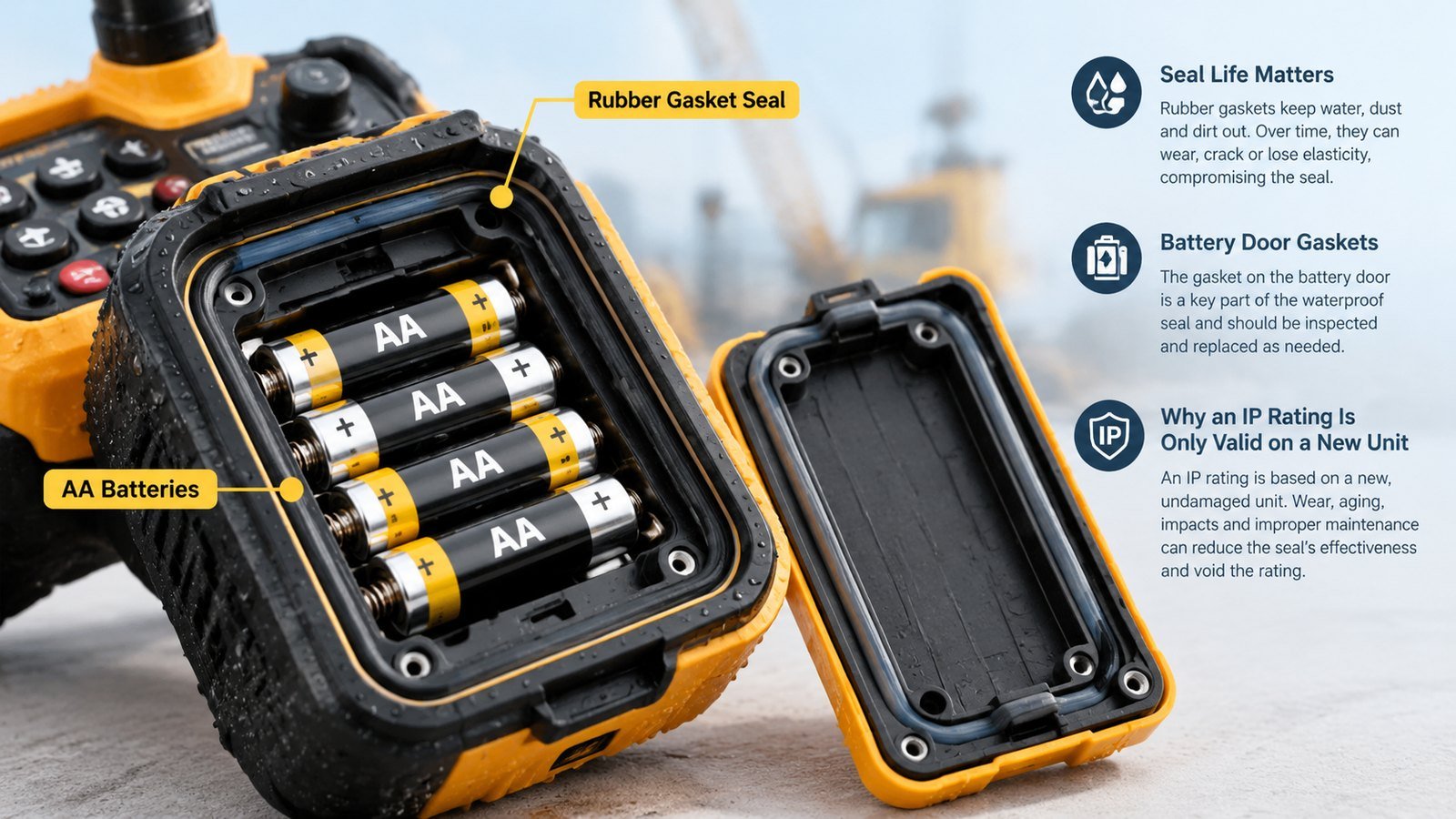 Battery compartment gasket seal on a waterproof industrial remote control transmitter